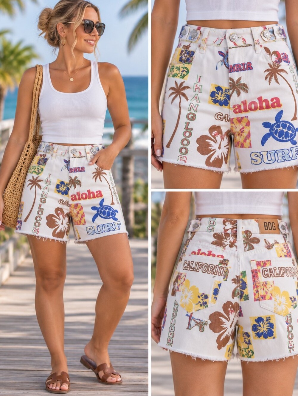 BDG Urban Outfitters High Rise Tropical Surf Print Denim Shorts Size 26
